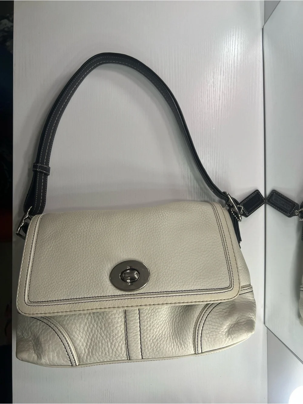 White Leather Shoulder Bag with Brown Strap
